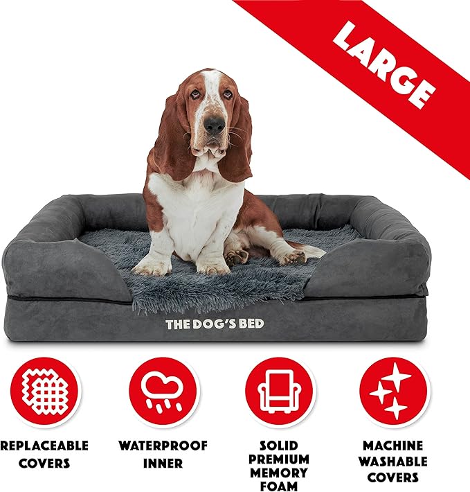 The Dog’s Bed Orthopedic Memory Foam Dog Bed with Bolsters, Fur Fabric, Grey Fur, Large