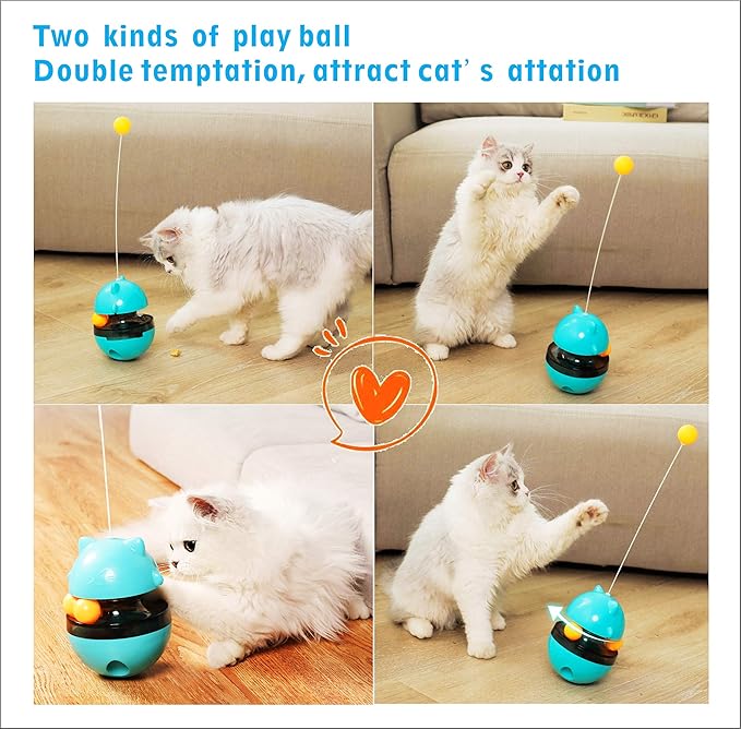 Cat Toy Funny Tumbler Interactive Ball, Treat Dispenser Automatic No-Electronic Move, More Exercise for Indoor Cats Kittens, Cat Self-Play IQ Traning Treat Toy Ball, Blue