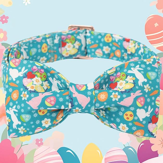 DOGWONG Easter Dog Bow Tie with Collar, Spring Holiday Bunny Eggs Dog Collar for Boys and Girls Large Medium Pets Puppies