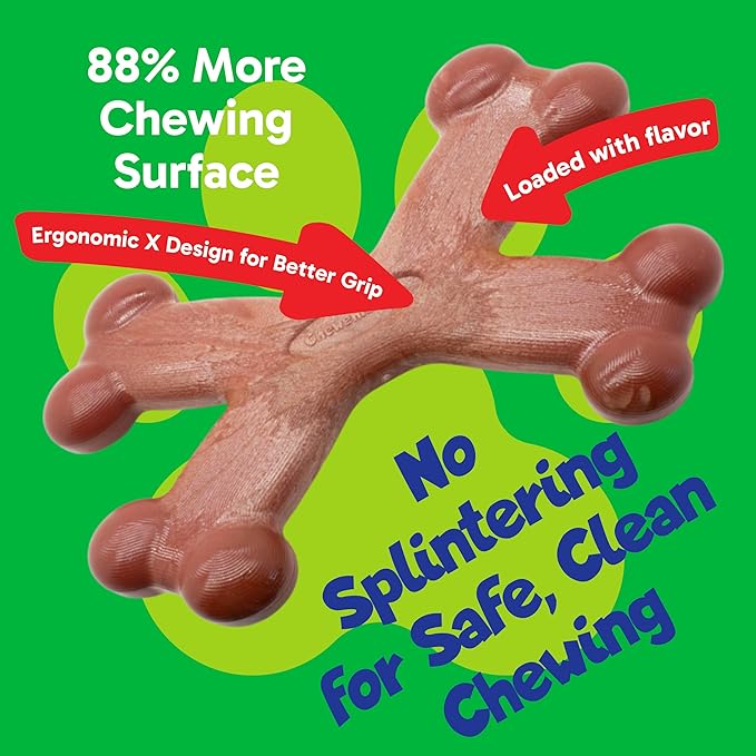 Chew’ems X Bone Dog Chew – Long-Lasting Bacon Flavor Treats for Aggressive Chewers – Rawhide-Free, Durable Dental Chews – Small Size