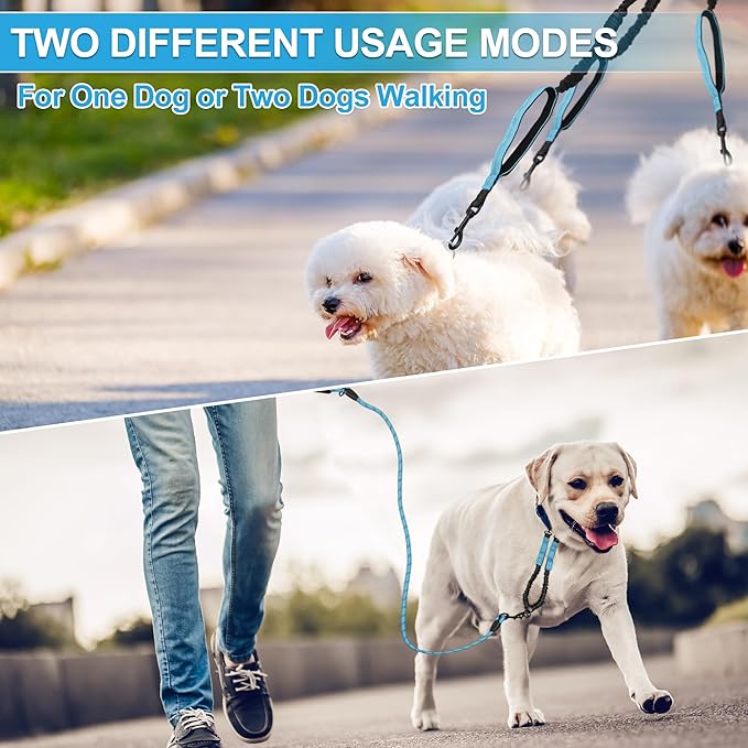 Double Dog Leash, Hands-Free Dual with Comfortable Padded Handle, Double for Two Dogs, Adjustable Length, Blue, 1 Set