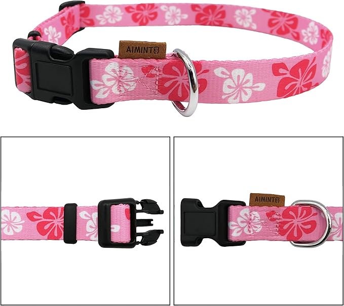Dog Collar, Cute Floral Pattern, Soft and Adjustable Collar with Quick Release Buckle (XS (Neck 9-13", Width 3/8"), Hawaiian Pink)