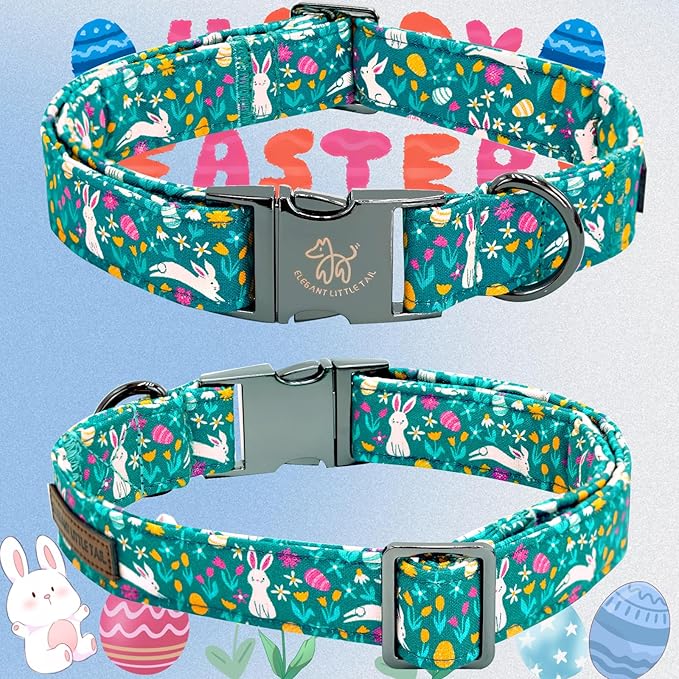 Elegant Little Tail Bunny Print Easter Dog Collar, Medium, Cotton, Adjustable, Buckle Closure