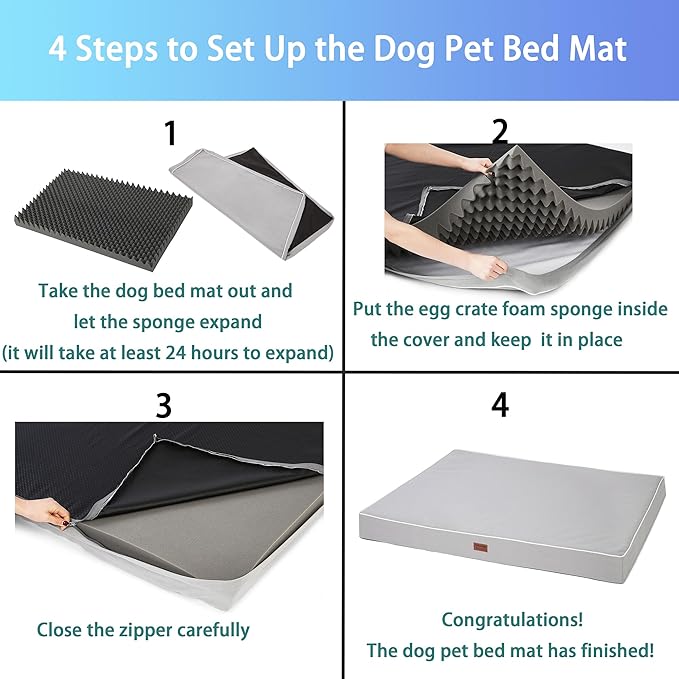 Dog Bed Mats for Large Big Dogs - Orthopedic Dog Pet Bed Thick Egg Foam Crate, Removable Washable Cover, Non-Slip Bottom Durable Dog Crate Bed Mat (Light Grey, XXXL(54''x42''x4''))