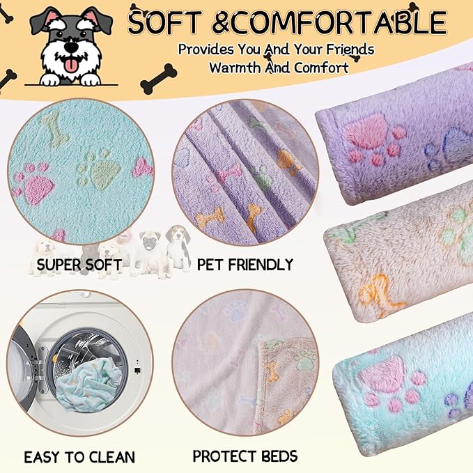 Rezutan 1 Pack 3 Dog Blankets for Small Pet Cat Super Soft Fluffy Premium Throw for Dog Kennels-Beds, Paw Print Blanket, 23x16inch,Purple/Green/Brown