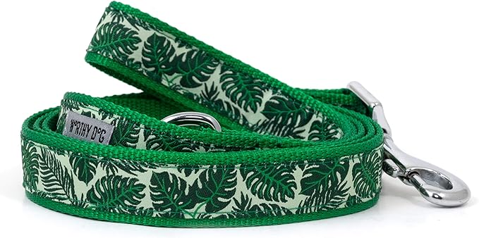 THE WORTHY DOG Tropical Leaves Patterned Nylon Leash for Dogs, Stylish, Durable, Woven Ribbon - Green, Small