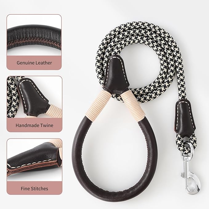 Mile High Life Genuine Leather Wrapped Handle Dog Leash, w Heavy Duty Clasp Rope Leash for Small Medium Large Dogs (Black Khaki, 6FT)