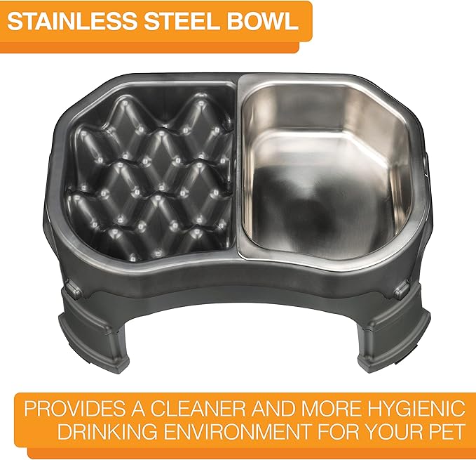 Neater Pet Brands – Neater Raised Slow Feeder Dog Bowl – Elevated and Adjustable Food Height - (Double Diner/w Metal Bowl, Gunmetal)