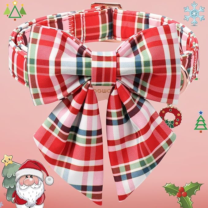 DOGWONG Christmas Dog Collar with Bow Tie - Christmas Red Plaid Puppy Collar, Adjustable Red Grid Dog Collars for Girl Boy Dogs, S