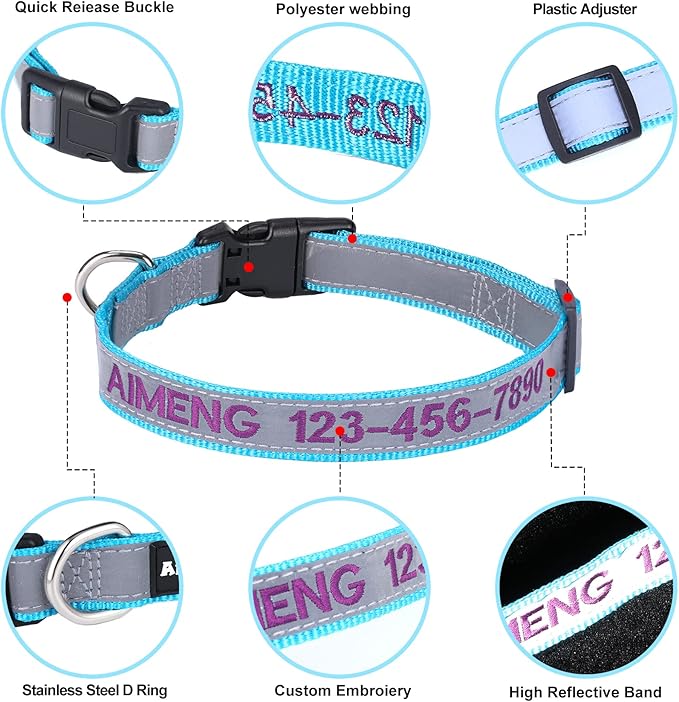 Reflective Personalized Dog Collar, Custom Embroidered with Pet Name and Phone Number for Boy and Girl Dogs, 4 Adjustable Sizes: Extra-Small, Small, Medium, Large Pet Gift