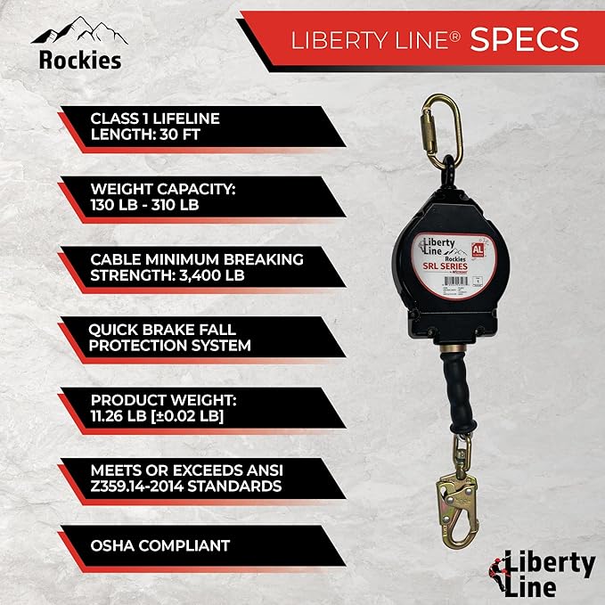 Liberty Line Rockies 30 Foot Aluminum Housing Cable SRL with Snap Hook - Includes Installation Carabiner and Tagline (ANSI)