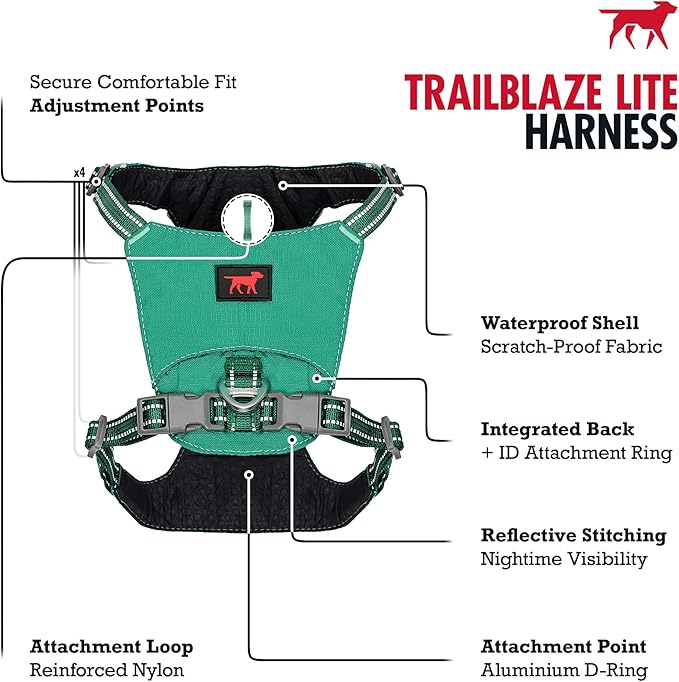 Tuff Pupper All-Day Wear Dog Harness | for Walking, Trail Running, Hiking | Front & Back Leash Clips | Reflective Trim | Easy On/Off Buckles | Lightweight Breathable | No Pull Design (Small, Teal)