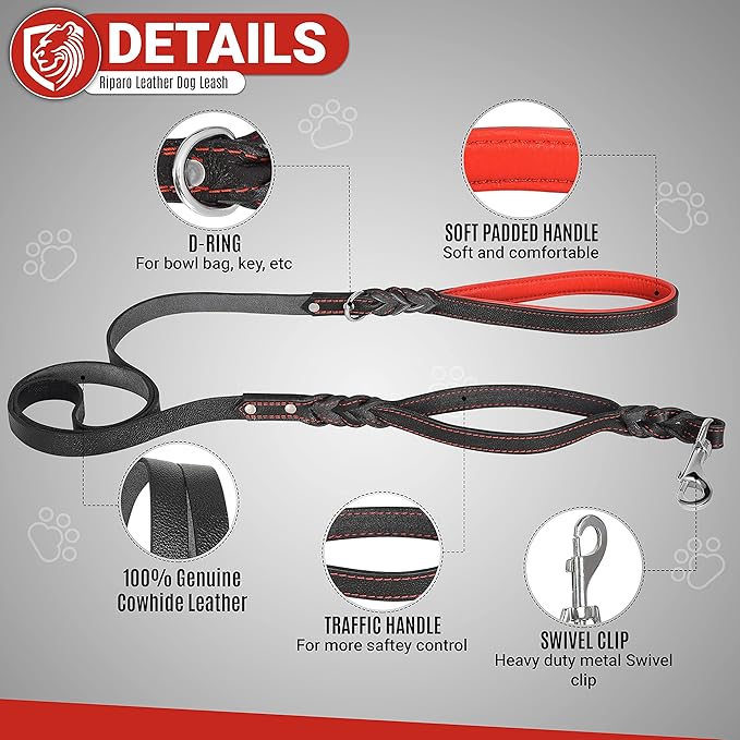 Riparo Leather Dog Leash 6ft with 2 Handles Padded Handle for Extra Control, Leather Dog Leashes for Small Medium Breed Dogs Training Walking Leather Leashes for Dogs (Black/Red Thread, M: 1/2" x6ft)