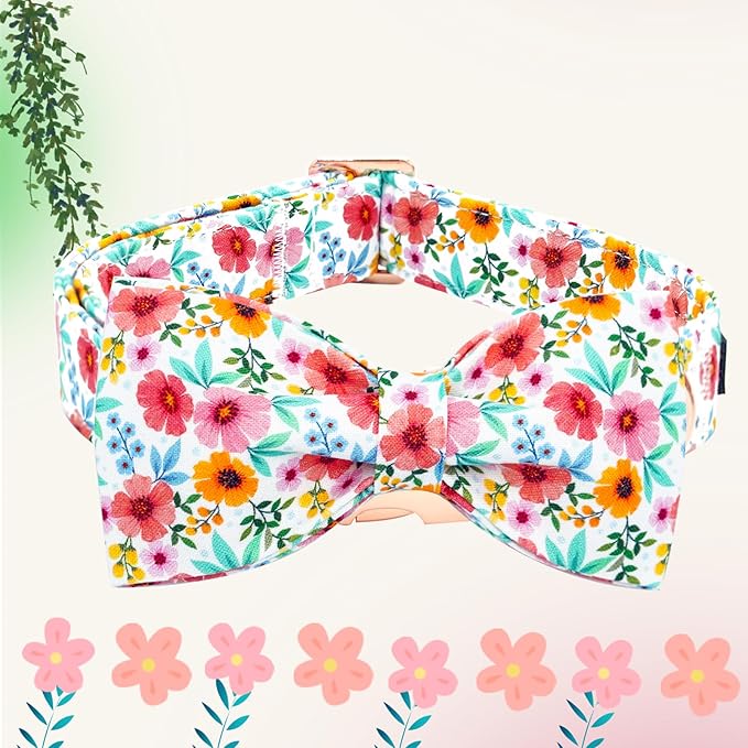 Elegant little tail Dog Collar- Cute Floral Dog Collar with Bow for Medium Dogs, Female Adjustable Cotton Summer Pet Bow Holiday Puppy Collar for Small Medium Large Dogs
