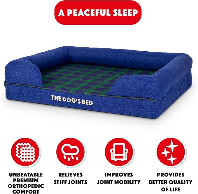 The Dog’s Bed Orthopedic Memory Foam Dog Bed with Bolsters, Oxford Fabric, Black Watch Tartan, Medium