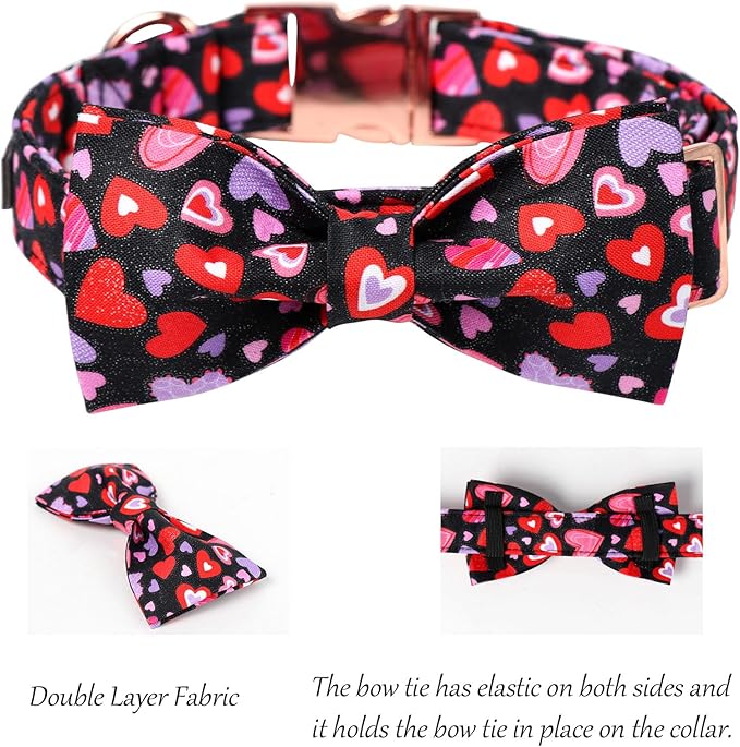 Lionet Paws Valentines Dog Collar Bowtie, Dog Bowtie Collar with Metal Buckle for Dogs, Adjustable Fabric Black Black Dogs Collars Girl Boy, XXS, Neck 7-11 in