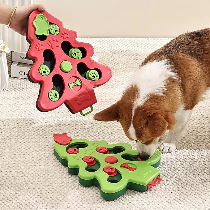 Pet Puzzle Feeder Toy – Interactive Slow Feeder Toy with Non-Slip Base, Mental Enrichment Game for Indoor Fun, Xmas-Themed Treat Dispenser (Red)