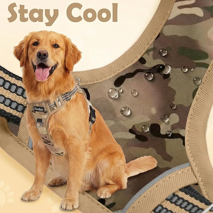 Funfox Dog Harness No Pull, Adjustable Pet Vest Harness, Super Soft Material with Vertical Handle Easy Control, Reflective Night Walking, 2 Leash Clips for Medium Sized Dogs, Camo Brown, M