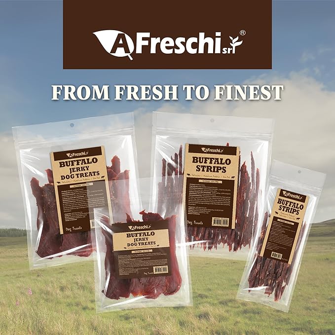 A Freschi srl Buffalo Dog Treats, All-Natural, Hypoallergenic, High Protein, Low Fat, Human Grade Puppy Chews – Healthy Grain-Free Training Treats, 4oz Jerky Strips