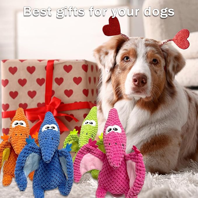 LWBMG Squeaky Dog Toys Plush Dog Toy with Crinkle Paper Dinosaur Dog Toy Stuffed Animals Chew Toy Plush Squeaky Dog Birthday Toys for Small Medium Large Dogs Green