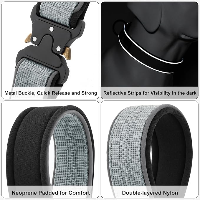 Plutus Pet Tactical Dog Collar, Reflective, Adjustable Heavy Duty Dog Collar, Soft Padded and Comfortable, for Small Medium and Large Dogs (Gray, S)