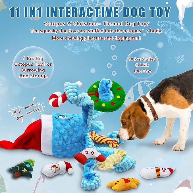 Christmas Dog Toys, Octopus Dog Toy with 10 Pcs Small Dog Toy, Crinkle Plush Dog Toy for Puppies, Interactive Holiday Pet Toys Sets (Blue)