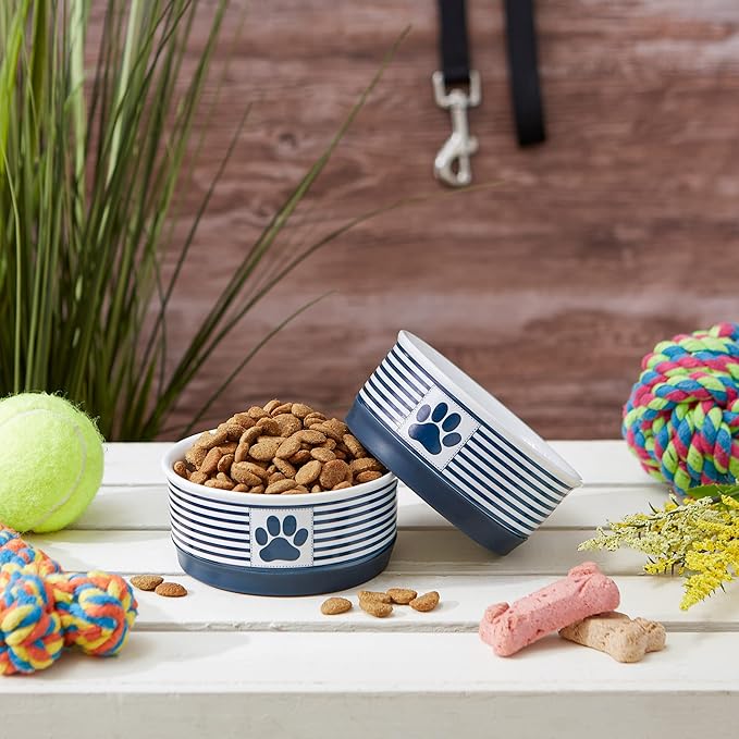 Bone Dry Paw & Patch Ceramic Pet Collection, Small Set, 4.25x2", Nautical Blue, 2 Piece