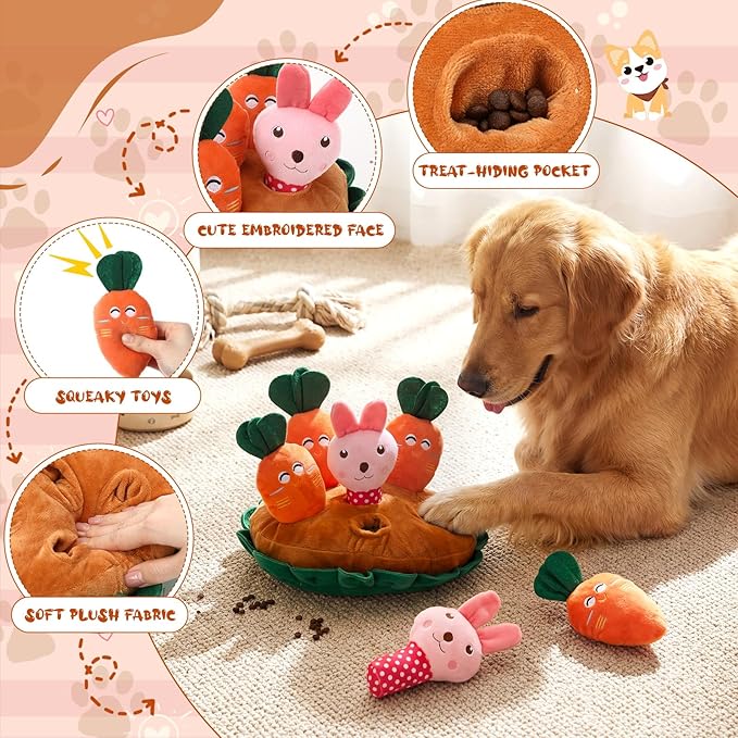 Skylety 7 Pcs Interactive Carrot and Bunny Dog Toy Set Snuffle Toy with Treat Hiding Puzzle and Squeaky Plush, Durable Interactive Dog Toys for Small Medium Dogs, Training and Boredom Relief Plaything