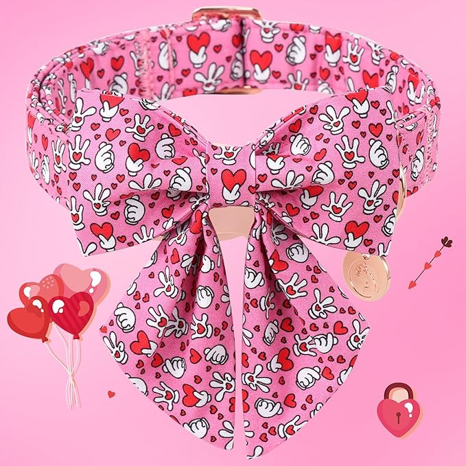 DOGWONG Valentine Dog Collar with Bow, Pink Heart, Medium, Cotton, Durable Soft, Perfect Fit, Stylish Bowtie Design