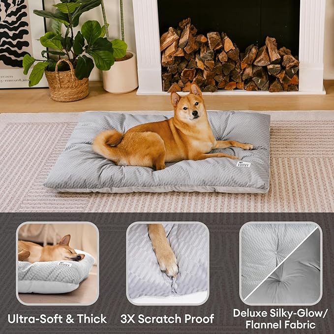 FUNNY FUZZY Dog Bed Crate Pad Mat, Washable Reversible Pet Floor Mats,Fluffy Kennel Pad for Large Sized Dog,Indoor Cats,Sleeping Mattress, 35.4" × 22.8", Light Grey