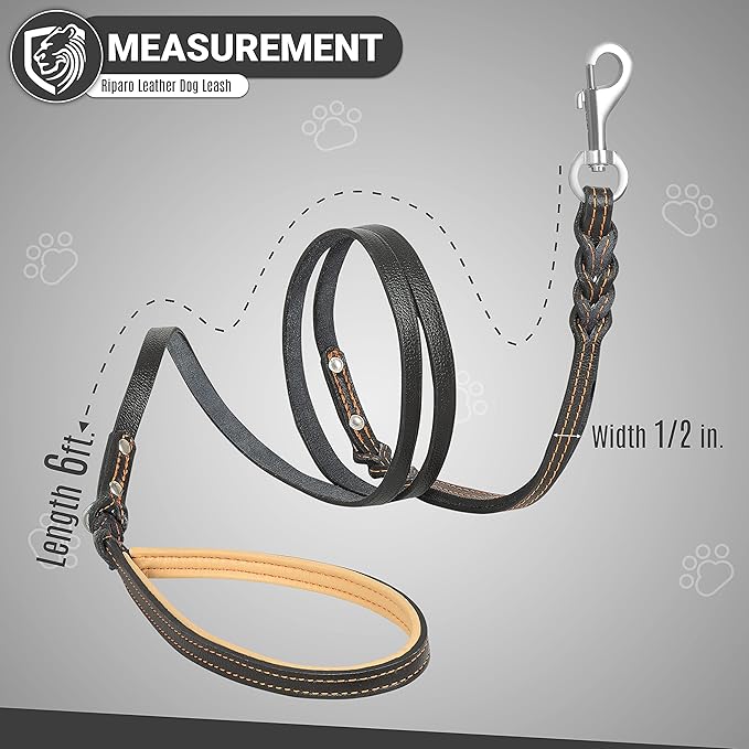 Riparo Leather Dog Leash 6ft with 2 Handles Padded Handle for Control, Leather Dog Leashes for Small Medium Breed Dogs Training Walking Leather Leashes for Dogs (Black/Orange Thread, M: 1/2" x6ft)