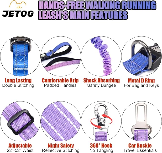 Heavy Duty Hands Free Dog Leash, 4-6 FT Reflective Adjustable Waist Dog Leash Belt with Padded Handles, Shock Absorbing Bungee and Car Seat Belt for Large Medium Dogs (Purple Blue, L)