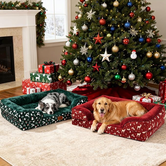 Comfort Expression Orthopedic Dog Bed for Extra Large Dogs 42x30 Inch, Waterproof Egg Crate Foam XL Pet Bed, Gifts for Christmas, Dog Couch with Washable Cover & Non-Slip Bottom, Christmas Red