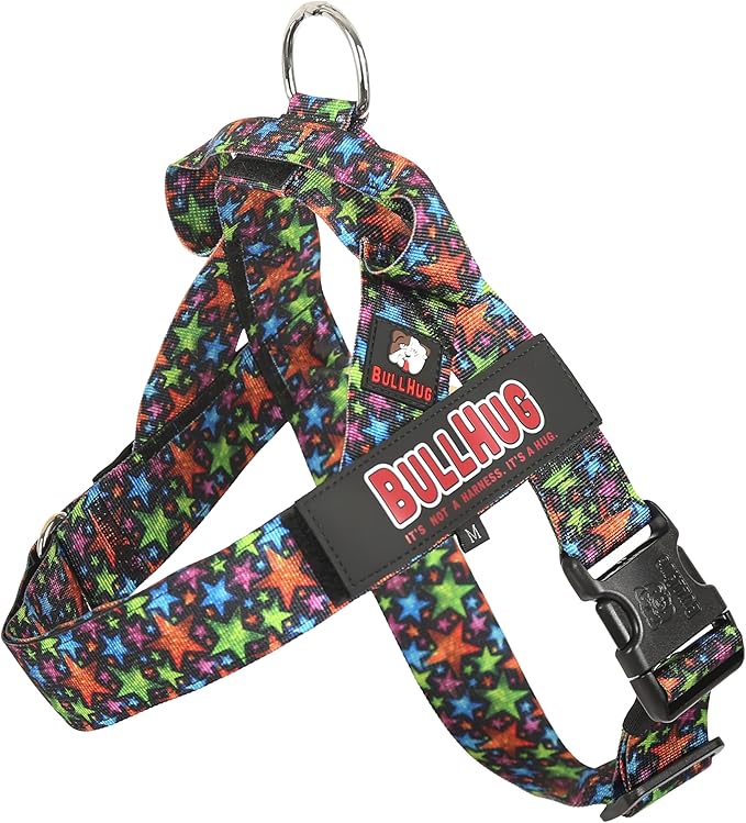 BULLHUG Adjustable Dog Harness– No Pull, No Choke – for English Bulldogs, French Bulldogs, Pugs & Broad-Chested Breeds – Easy, Safe Walks (Star Brights, Small)