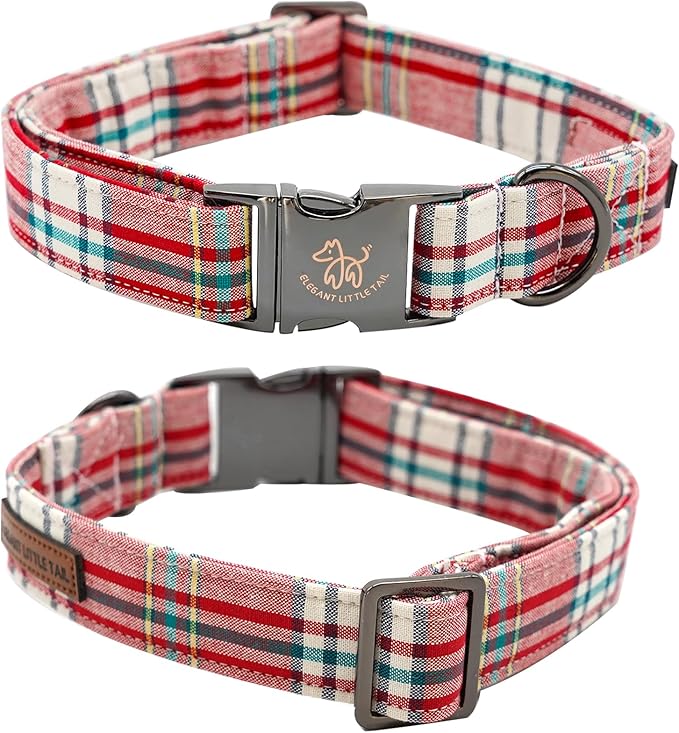 Elegant Little Tail Dog Collar with Red Plaid Christmas Pattern, Flower Dog Collar for X-Small Dogs