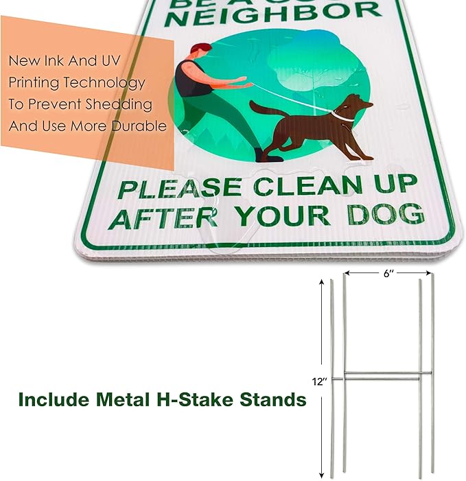 Clean Up After Your Dog Signs (2 Pack, 9 x 12") With Metal H-Stakes, Double Sided,No Dog Poop Lawn Signs,Outdoor & Sturdy