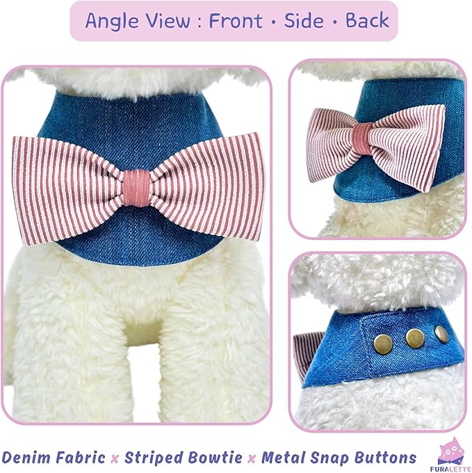 Denim Dog Bandana – Striped Bowtie, Soft & Durable Pet Scarf with Adjustable Metal Snap Buttons for Dogs & Cats (Red, Small)