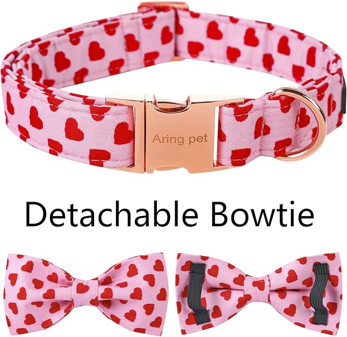 ARING PET Valentine's Day Dog Collar with Bow, Cute Adjustable Pink Heart Bowtie Pet Collars with Metal Buckle for Puppy Small Medium Large Boy Girl Dogs-XL