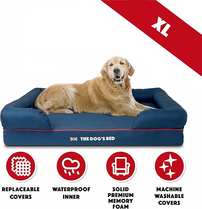 The Dog’s Bed Orthopedic Memory Foam Dog Bed with Bolsters, Oxford Fabric, Blue with Dark Red Trim, XL