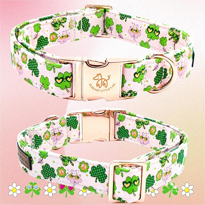 Elegant little tail St Patrick's Dog Collar, Cute Colver Cotton Shamrock Pet Collar Trefoil Soft Puppy Collar Pink Holiday Adjustable Cotton Pet Collar with Bow for Small Medium Large Dogs