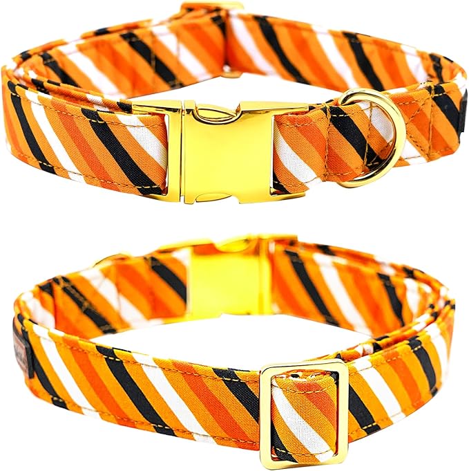 Elegant Little Tail Halloween Dog Collar - Orange Stripe Pet Collar With Flower for Small Dogs - Soft Durable Holiday Accessory