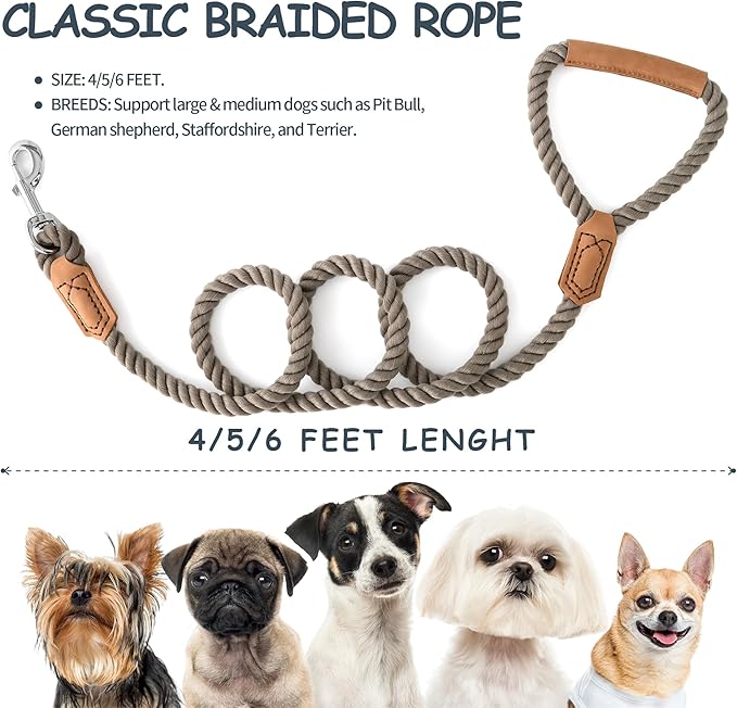 Mile High Life Dog Leash, Braided Cotton Rope Leashes with Leather Handle - Heavy Duty Metal Clasp, 6FT, 1/2" Thick - Wedding, Walking & Training Leash for Small Medium Large Dogs (Camel)