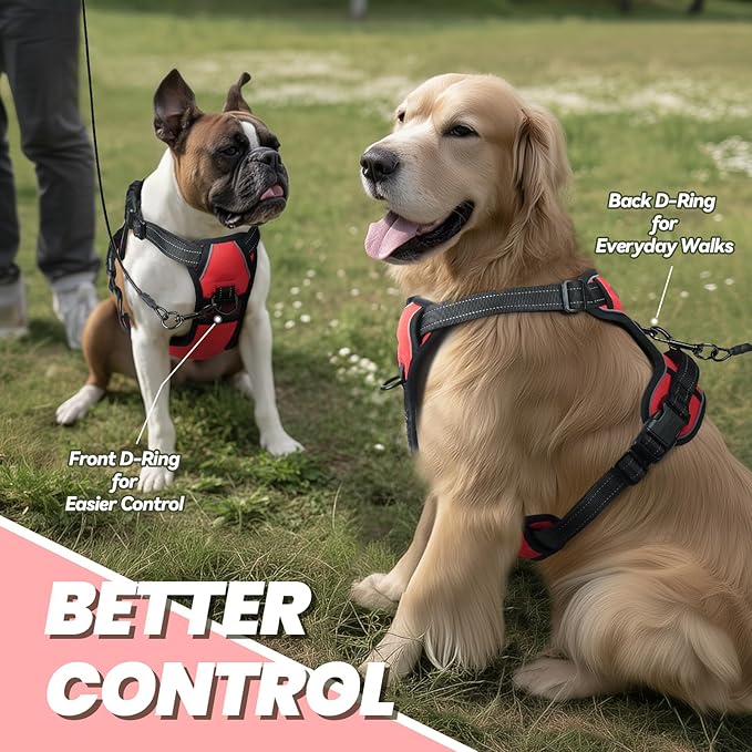 VIVAGLORY Dog Harness Easewalk No Pull Dog Harness with Handle Front Clip & Back Clip for Training Walking Lifting, No Pull Adjustable Easy On Padded Comfortable for Pet, L, Red - Plain