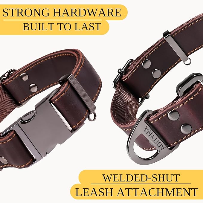 ADITYNA Leather Dog Collar with Metal Buckle - Heavy-Duty, Adjustable for Large & Extra Large Dogs - Walking & Training (Brown, Fits 19-30" Necks)