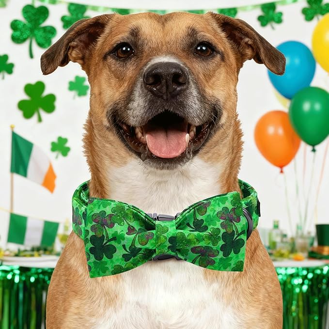 Elegant little tail St Patrick's Dog Collar - Green Lucky Clover Cotton Shamrock Pet Collar Bowtie Cute Collars with Bow Adjustable Pet Collars for X-Large Dogs