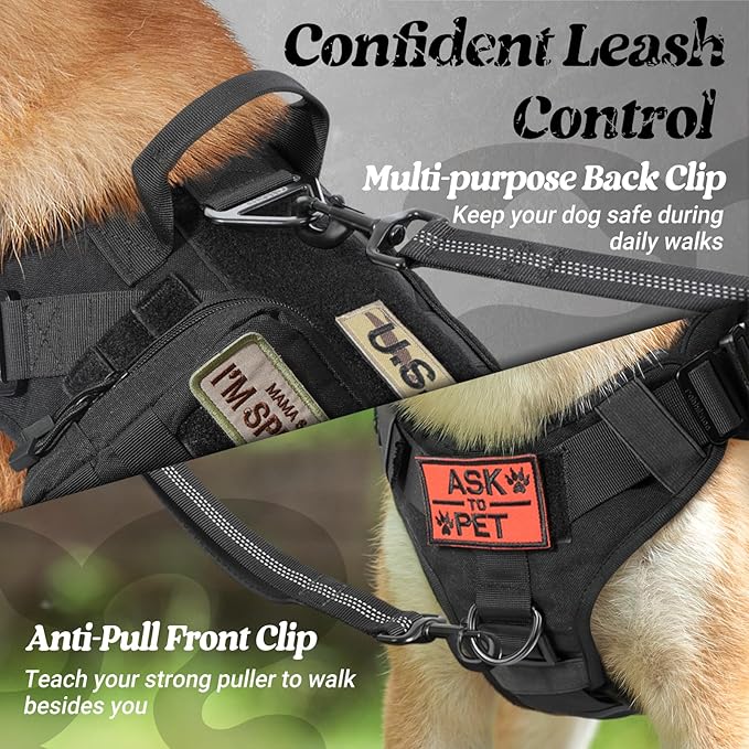 rabbitgoo Tactical Dog Harness for Large, Heavy Duty Pet Harness with Handle, No-Pull Service Vest Large Breed, Adjustable Military Dog Vest for Training Hunting Walking, Black, L