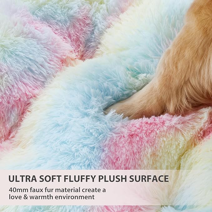 BFPETHOME Dog Beds for Large Dogs, Plush Dog Crate Bed Fluffy Cozy Kennel Pad for Sleeping &Ease Anxiety, Washable Pet Mats with Anti-Slip Bottom for Large Medium Dogs, Pet Bed, Rainbow