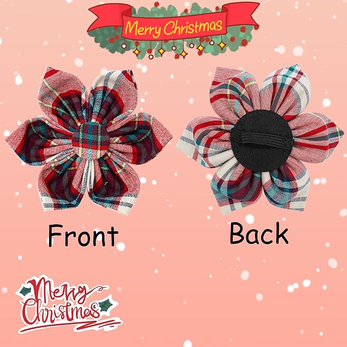 Elegant Little Tail Dog Collar with Red Plaid Christmas Pattern, Flower Dog Collar for X-Small Dogs
