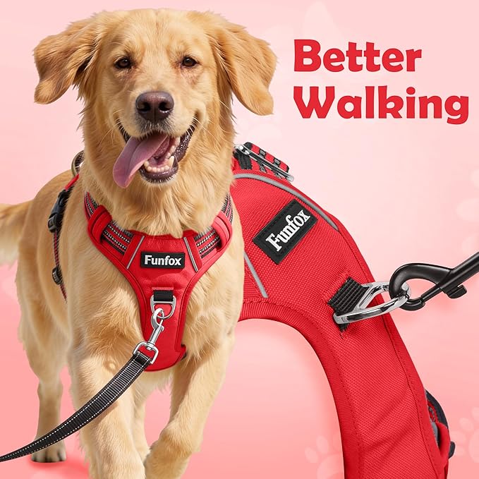 Funfox Dog Harness No Pull, Adjustable Pet Vest Harness, Super Soft Material with Vertical Handle Easy Control, Reflective Night Walking, 2 Leash Clips for Large Dogs, Red, L