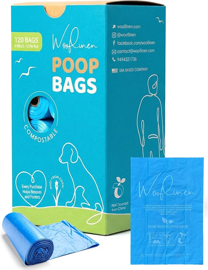 Wooflinen Unscented Dog Poop Bags – Leak-Proof Dog Poop Bags Rolls – Large 9x13”, Durable, Easy Tear – Made from Plant-Based Materials – For Big & Small Dogs – 120 Bags (8 Rolls)